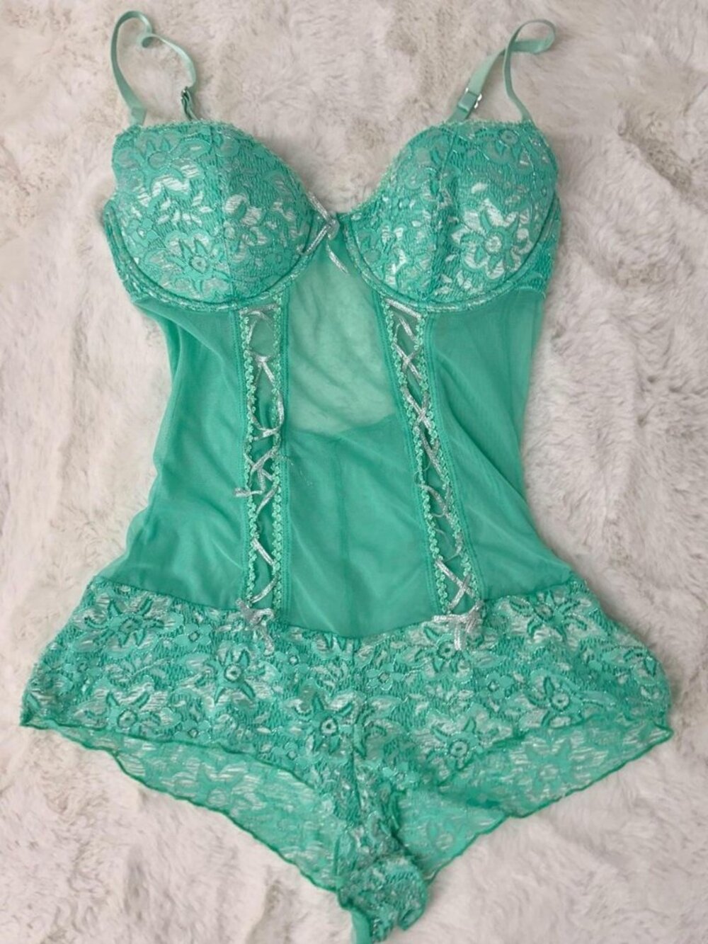 Starline Women's Mint Green Mesh and Lace Corset-Style Teddy Bodysuit